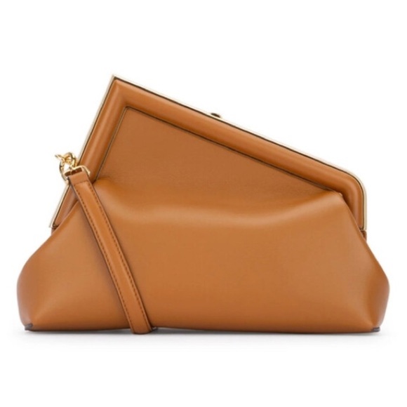 FENDI First Midi Nappa Leather Clutch Brown Camel Gold Hardware - Picture 2 of 12